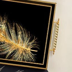 Gold Çerçeveli Altın Tüy Motifli Siyah Dekoratif Tepsi