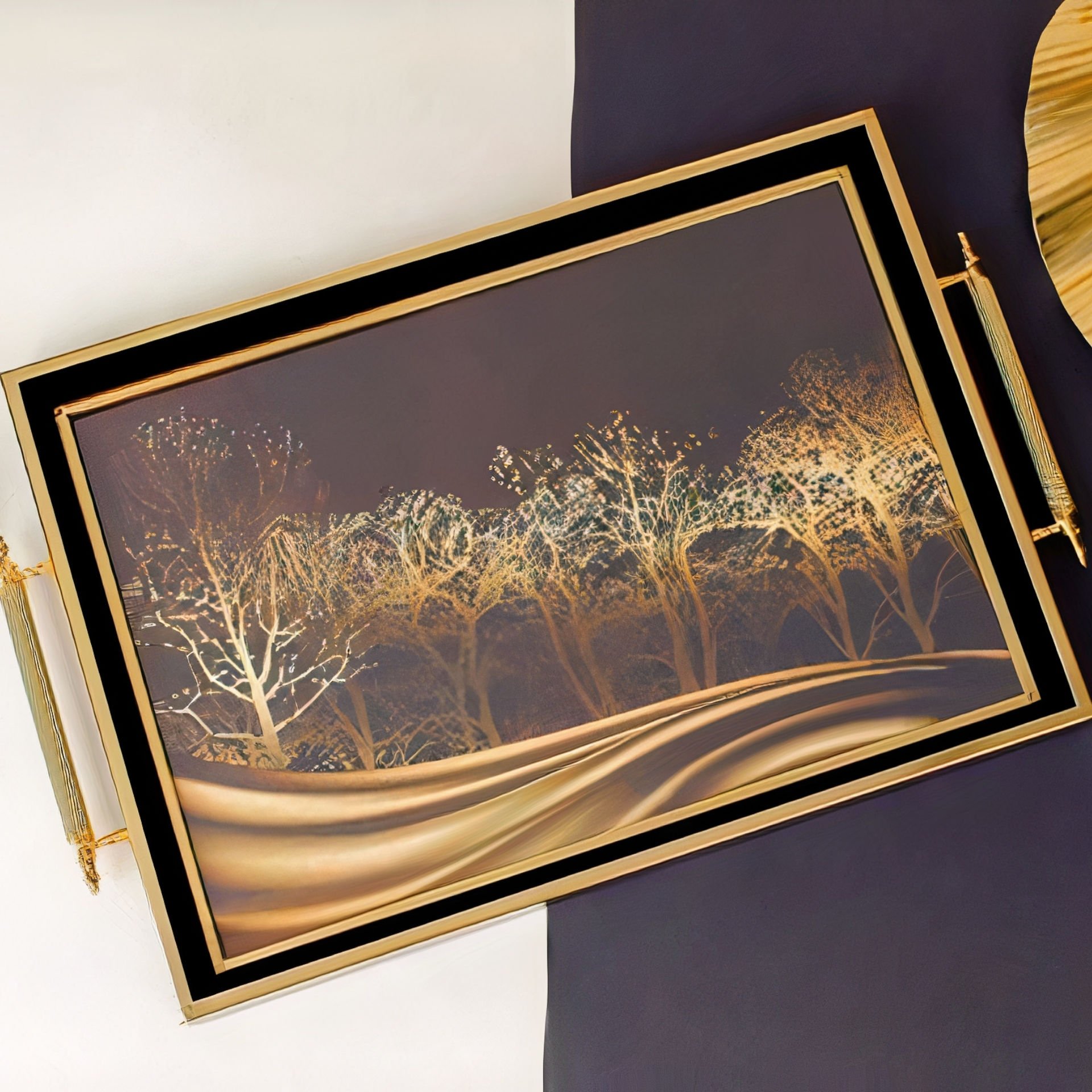 Altın Ağaç Desenli Gold Çerçeveli Dekoratif Tepsi