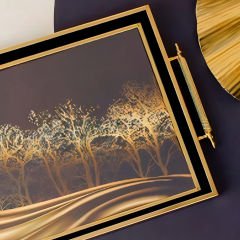 Altın Ağaç Desenli Gold Çerçeveli Dekoratif Tepsi