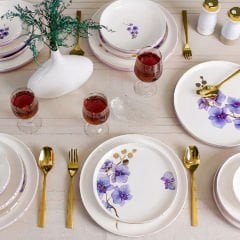Gold Detaylı Mor Orkide Desenli Porselen 24 Parça 6 Kişilik Yemek Takımı