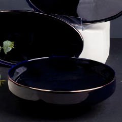 Gold Çerçeveli Koyu Lacivert Porselen 3 Parça Servis Tabağı