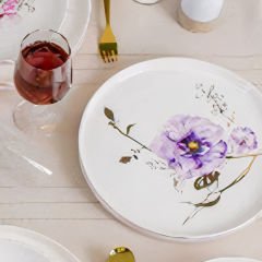 Mor Pembe Çiçek Desenli Porselen 24 Parça 6 Kişilik Yemek Takımı