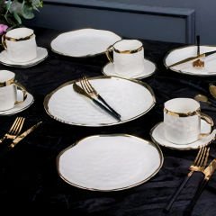 Gold Çerçeveli Beyaz Porselen 24 Parça 6 Kişilik Çay Pasta Yemek Takımı