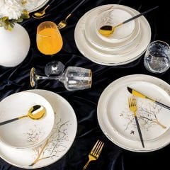 Gold Ağaç Desenli Altın Çerçeveli Porselen 24 Parça 6 Kişilik Yemek Takımı
