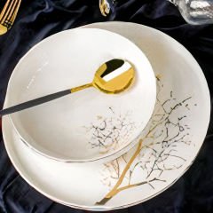 Gold Ağaç Desenli Altın Çerçeveli Porselen 24 Parça 6 Kişilik Yemek Takımı