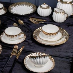 Gold Kaplama Desenli Porselen 24 Parça Çay Pasta Yemek Takımı