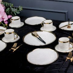 Gold Çerçeveli Porselen 24 Parça 6 Kişilik Çay Pasta Yemek Takımı