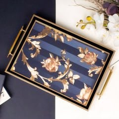Altın Çerçeveli Lacivert Şerit Desenli Gold Çiçek Motifli Dekoratif Tepsi