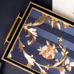Altın Çerçeveli Lacivert Şerit Desenli Gold Çiçek Motifli Dekoratif Tepsi