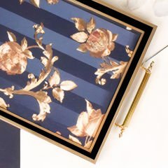 Altın Çerçeveli Lacivert Şerit Desenli Gold Çiçek Motifli Dekoratif Tepsi