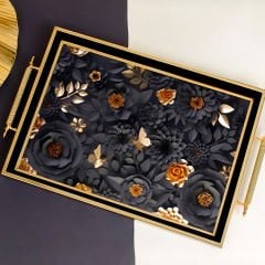 Gold Çerçeveli Siyah Altın Çiçek Motifli Dekoratif Tepsi
