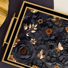 Gold Çerçeveli Siyah Altın Çiçek Motifli Dekoratif Tepsi