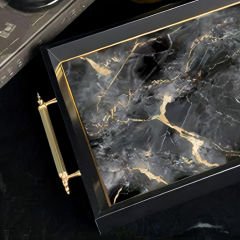 Gold Detaylı Gri Mermer Desenli Dekoratif Tepsi