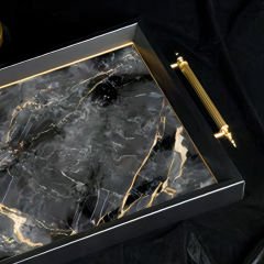 Gold Detaylı Gri Mermer Desenli Dekoratif Tepsi