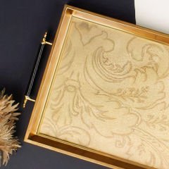 Ahşap Çerçeveli Altın Detaylı Kabartma Desenli Dekoratif Tepsi