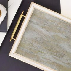 Gold Çerçeveli Eskitme Desenli Beyaz Dekoratif Tepsi