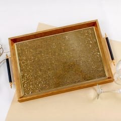 Ahşap Çerçeveli Gold Kabartma Desenli Dekoratif Tepsi
