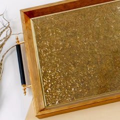 Ahşap Çerçeveli Gold Kabartma Desenli Dekoratif Tepsi