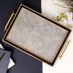 Gold Çerçeveli Mermer Desenli Dekoratif Tepsi