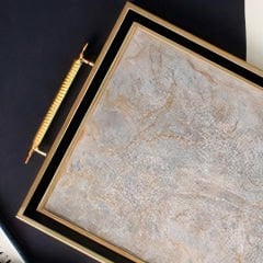 Gold Çerçeveli Mermer Desenli Dekoratif Tepsi