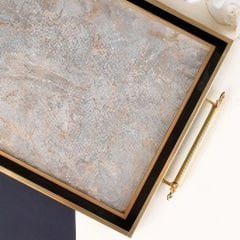 Gold Çerçeveli Mermer Desenli Dekoratif Tepsi