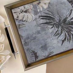 Mat Gold Çerçeveli Gri Yaprak Desenli Dekoratif Tepsi