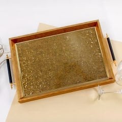Altın Kabartma Desenli Ahşap Çerçeveli Dekoratif Tepsi