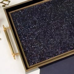 Altın Çerçeveli Siyah Kabartma Desenli Dekoratif Tepsi