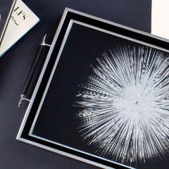 Siyah Beyaz Desenli Gümüş Metal Çerçeveli Dekoratif Tepsi