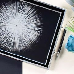 Siyah Beyaz Desenli Gümüş Metal Çerçeveli Dekoratif Tepsi