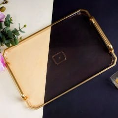 Şeffaf Altın Altın Camlı Gold Çerçeveli Dekoratif Tepsi