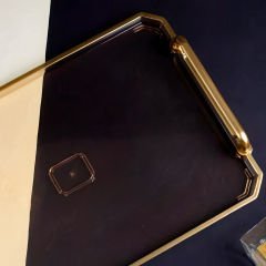 Şeffaf Altın Altın Camlı Gold Çerçeveli Dekoratif Tepsi