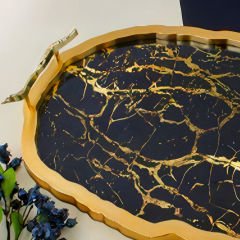 Oval Gold Çerçeveli Siyah Mermer Desenli Dekoratif Tepsi