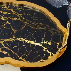 Oval Gold Çerçeveli Siyah Mermer Desenli Dekoratif Tepsi