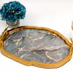 Oval Gold Çerçeveli Gri Mermer Desenli Dekoratif Tepsi