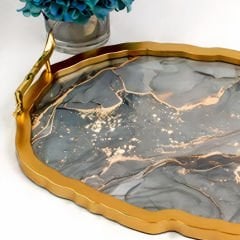 Oval Gold Çerçeveli Gri Mermer Desenli Dekoratif Tepsi