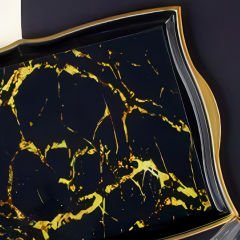 Gold Çizgili Siyah Mermer Desenli Dekoratif Tepsi