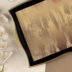 Gold Kenarlı Altın Doku Desenli Siyah Çerçeveli Dekoratif Tepsi