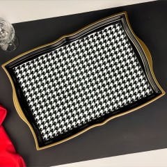 Gold Çerçeveli Siyah Beyaz Kazayağı Desenli Dekoratif Tepsi