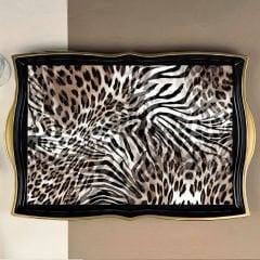 Gold Dalgalı Kenarlı Leopar Desenli Dekoratif Tepsi