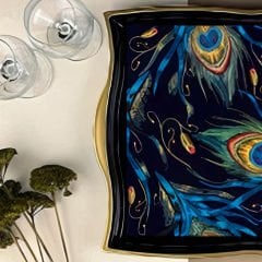 Gold Çerçeveli Mavi Tavuskuşu Tüyü Desenli Dekoratif Tepsi
