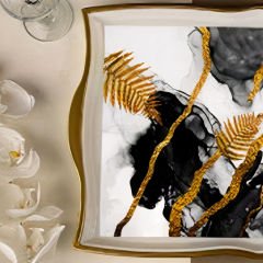 Gold Çerçeveli Siyah Beyaz Soyut Altın Yaprak Desenli Dekoratif Tepsi