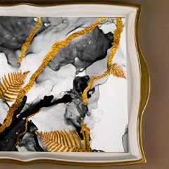 Gold Çerçeveli Siyah Beyaz Soyut Altın Yaprak Desenli Dekoratif Tepsi