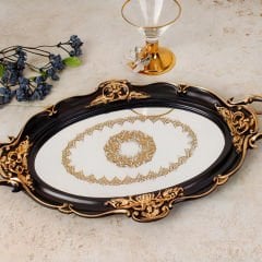 Siyah Altın Varak İşlemeli Oval Dekoratif Tepsi