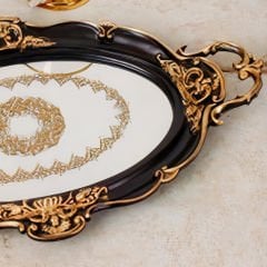 Siyah Altın Varak İşlemeli Oval Dekoratif Tepsi