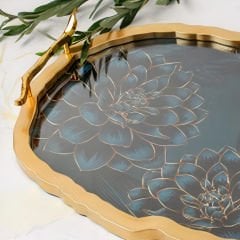 Gold Tasarım Kenarlı Çiçek Desenli Oval Dekoratif Tepsi