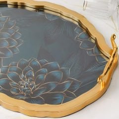 Gold Tasarım Kenarlı Çiçek Desenli Oval Dekoratif Tepsi