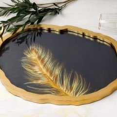 Altın Kaplama Çerçeveli Gold Tüy Desenli Oval Dekoratif Tepsi