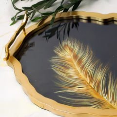 Altın Kaplama Çerçeveli Gold Tüy Desenli Oval Dekoratif Tepsi