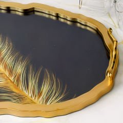 Altın Kaplama Çerçeveli Gold Tüy Desenli Oval Dekoratif Tepsi
